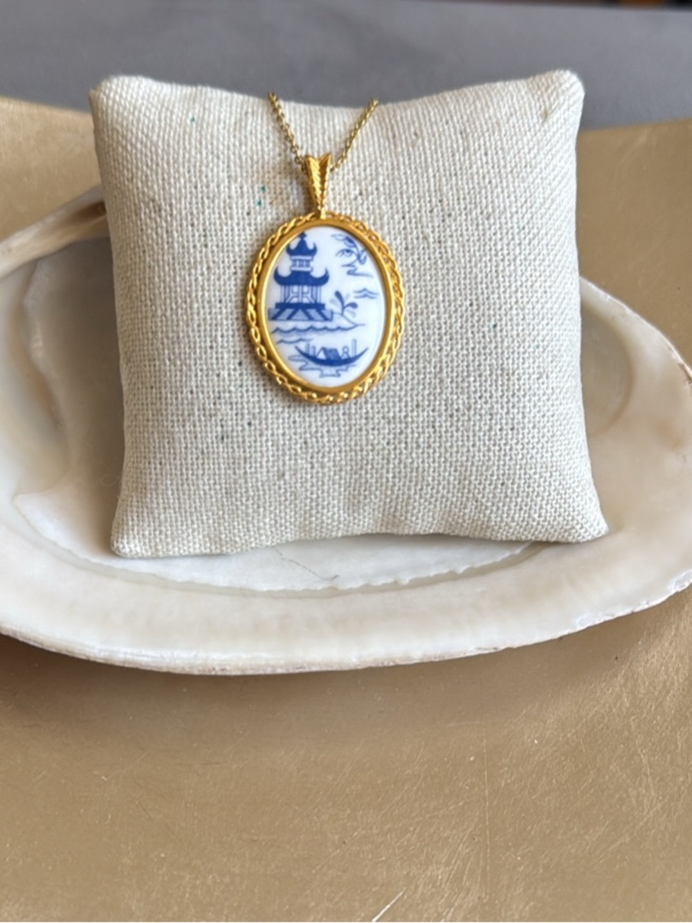 Spode Blue and White Porcelain Oval Pendant with Gold Frame